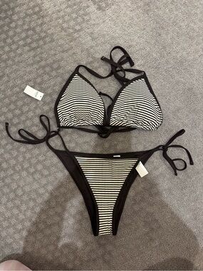 Striped Brown & White Tie Bikini Set - Women Swim